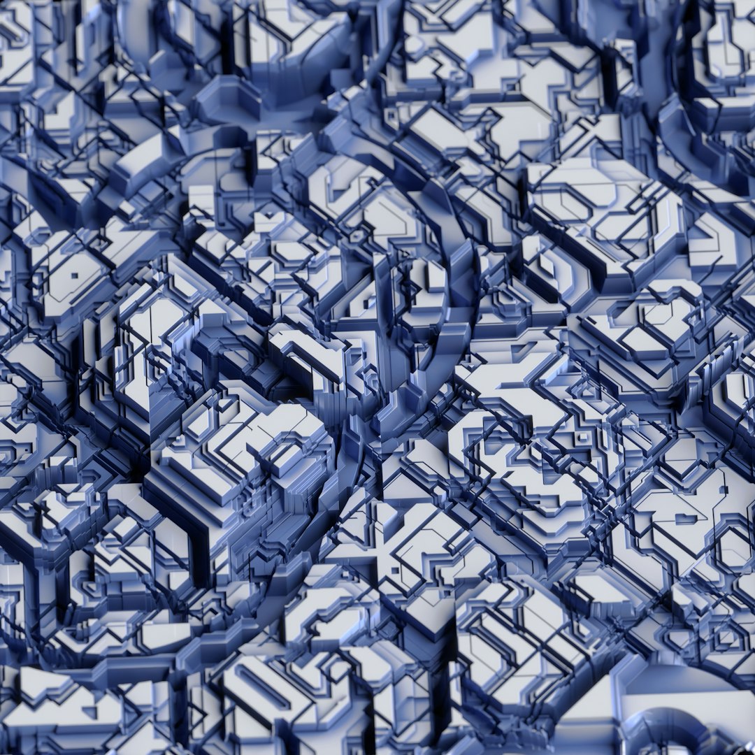 Absztrakt 3D-s digitális struktúra kék és fehér színekben, összekapcsolt geometriai formákkal és összetett hálózati vonalakkal